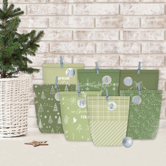 KOHMUI Adventskalender zum Befüllen, 24 Weihnachtskalender Papiertüten zum Selber Basteln, Geschenktüten zum Selbstbefüllen, Sanften Grüntönen