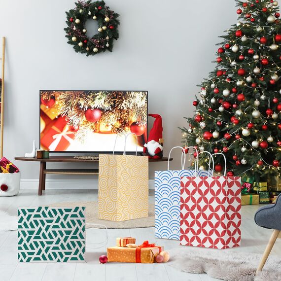 Parmedu Papiertüten-Set in 4 Farben: 24 Geschenktüten mit Griffen in Optimaler Größe 26 * 21,5 * 10CM, Verdickte Mitnahme-Tüten für Weihnachten, Feste, Geburtstage, Partys, Hochzeiten usw.