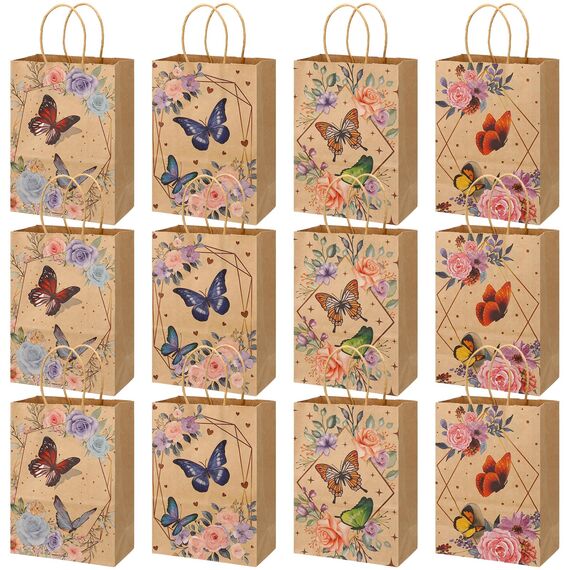 Xinstroe 12 Stück Papiertüten Kinder Geschenktüten Partytüten Papier Tüten zum Verpacken von Geschenken, Giveaways, Kindergeburtstag, Hochzeit, Party, Schmetterling Braun