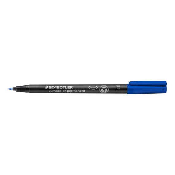 STAEDTLER permanent Marker Lumocolor, blau, F-Spitze Linienbreite ca. 0,6 mm, wisch- und wasserfest, Made in Germany, nachfüllbar, lange Lebensdauer, 10 blaue Universalstifte im Kartonetui, 318-3