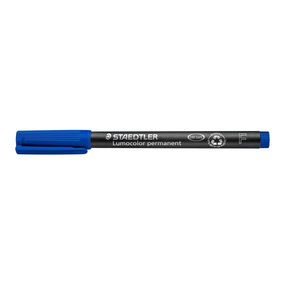 STAEDTLER permanent Marker Lumocolor, blau, F-Spitze Linienbreite ca. 0,6 mm, wisch- und wasserfest, Made in Germany, nachfüllbar, lange Lebensdauer, 10 blaue Universalstifte im Kartonetui, 318-3