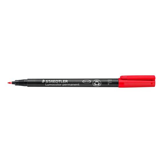 STAEDTLER permanent Marker Lumocolor, rot, F-Spitze Linienbreite ca. 0,6 mm, wisch- und wasserfest, Made in Germany, nachfüllbar, lange Lebensdauer, 10 rote Universalstifte im Kartonetui, 318-2