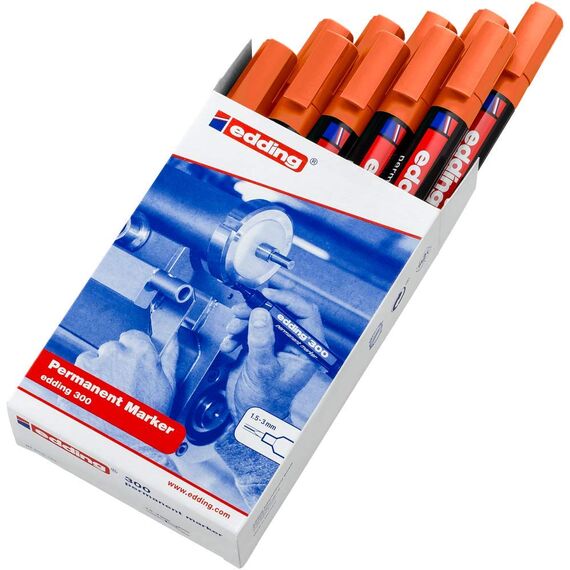 edding 300 Permanentmarker - orange - 10 Stifte - Rundspitze 1,5-3 mm - wasserfest, schnell-trocknend - wischfest - für Karton, Kunststoff, Glas, Holz, Metall, Glas