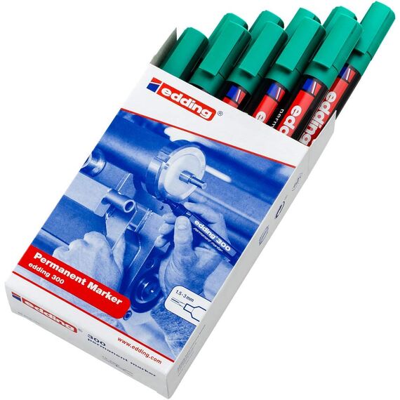 edding 300 Permanentmarker - grün - 10 Stifte - Rundspitze 1,5-3 mm - wasserfest, schnell-trocknend - wischfest - für Karton, Kunststoff, Glas, Holz, Metall, Glas