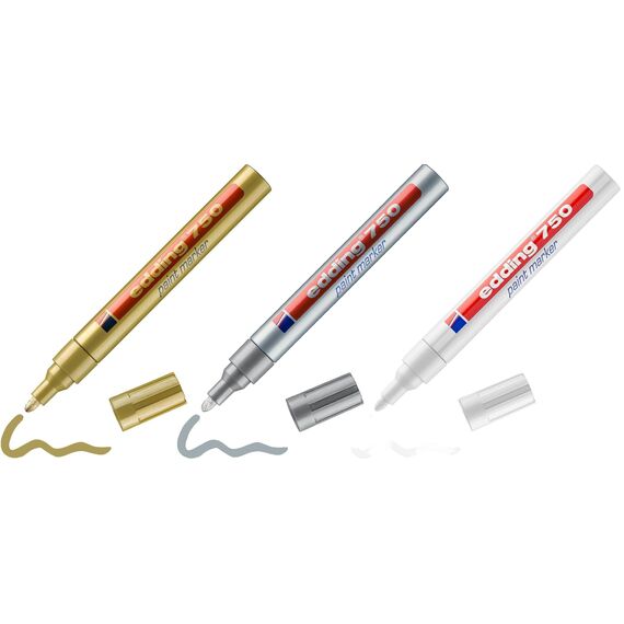 edding 750 Lackmarker - Rundspitze 2-4 mm - Lackstift zur Markierung und Beschriftung von Metall, Glas, Stein oder Kunststoff - hitzebeständig, permanent, wischfest (Gold, Silber, Weiß Set)