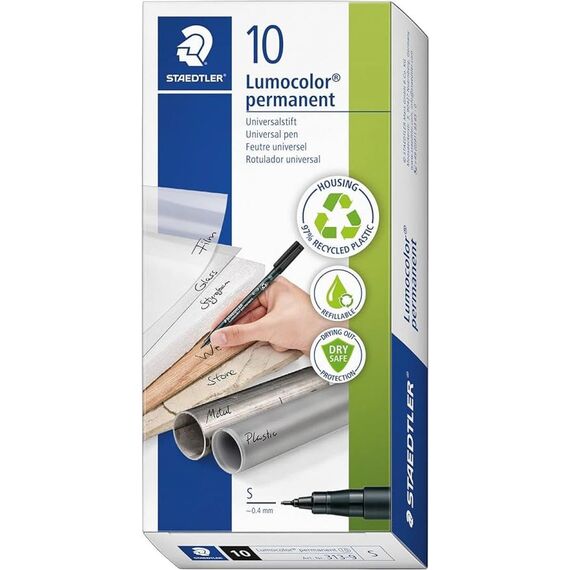 10er Sparpack Staedtler Feinschreiber Lumocolor für Overhead-Projektion und fast alle Flächen in Strichstärken S/F/M/B permanent bzw non permanent (grün, M permanent 317)