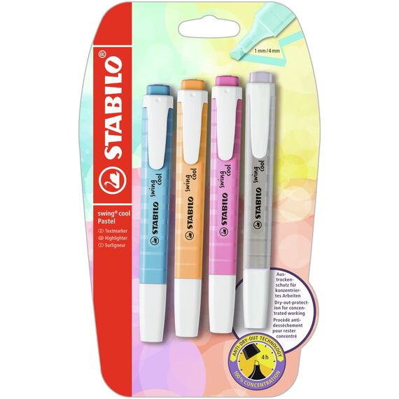 STABILO - Textmarker - swing cool Pastel - 4er Pack - Seidengrau, frische Fuchsie, himmlisches Blau, sanftes Orange - Blister