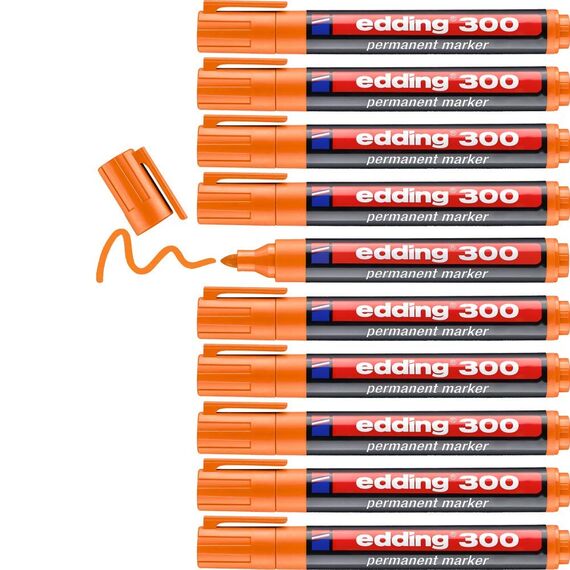 edding 300 Permanentmarker - orange - 10 Stifte - Rundspitze 1,5-3 mm - wasserfest, schnell-trocknend - wischfest - für Karton, Kunststoff, Glas, Holz, Metall, Glas