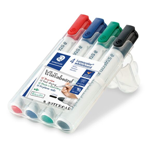 STAEDTLER Whiteboard Marker Lumocolor, ca. 2 mm Linienbreite, trocken und rückstandsfrei abwischbar von Whiteboards, hohe Qualität, Set mit 4 Markern inklusive Schwamm, 351 WP4P1X
