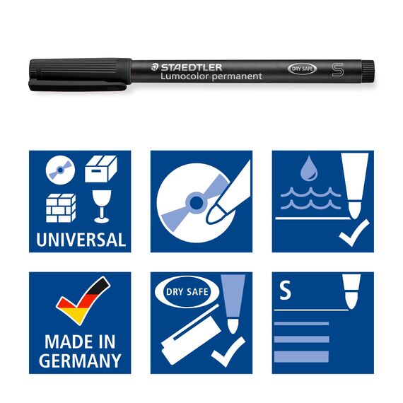 STAEDTLER Folienstift Lumocolor permanent, wisch- und wasserfest auf fast allen Flächen, Linienbreite S 0,4 mm, nachfüllbar, lange Lebensdauer, 5 schwarze Universalstifte, 313-9X