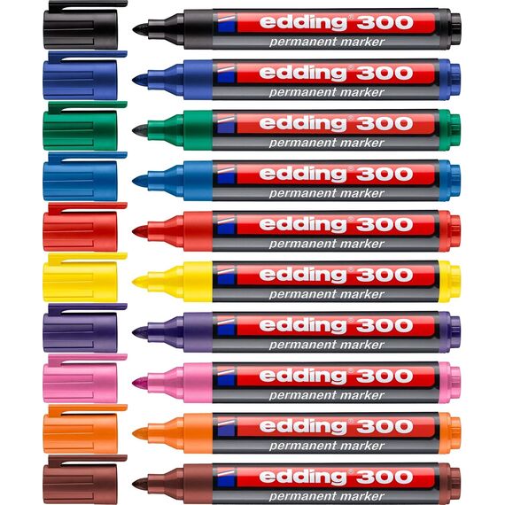 edding 300 Permanentmarker - 10 Stifte - Rundspitze 1,5-3 mm - wasserfest, schnell-trocknend - wischfest - für Karton, Kunststoff, Glas, Holz, Metall, Glas (Sortiert)
