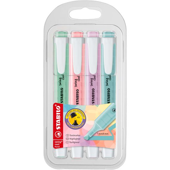 STABILO - Textmarker - swing cool Pastel - 4er Pack - Hauch von Minzgrün, rosiges Rouge, Schimmer von Lila, zartes Türkis