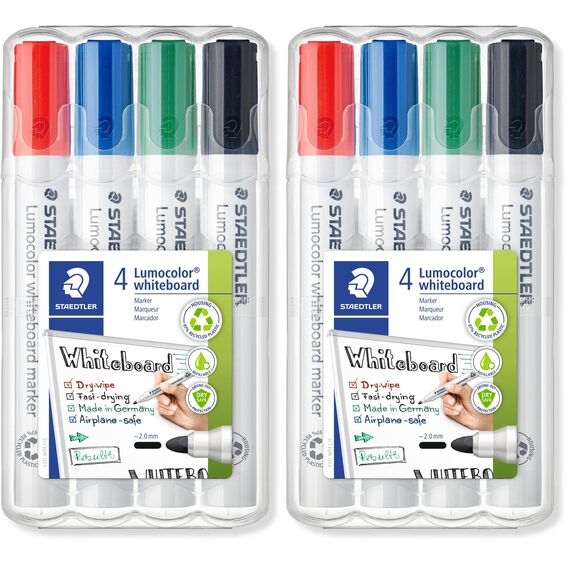 STAEDTLER Whiteboard-Marker Lumocolor, Rundspitze ca. 2 mm Linienbreite, Set mit 4 Farben, hohe Qualität Made in Germany, trocken und rückstandsfrei abwischbar von Whiteboards, 351 WP4 (Packung mit 2)