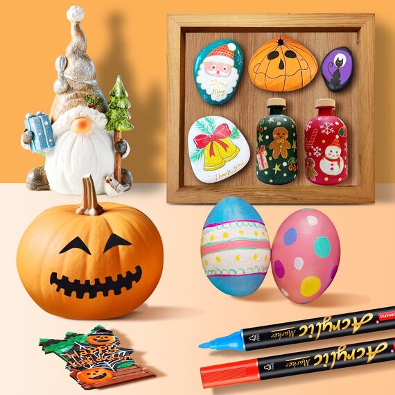 Acrylstifte für Steine Wasserfest, 48 Pc Acrylstifte Spülmaschinenfest Bemalen für Steinen, Porzellan, Glas, Leinwand, Keramik, Holz, Metall, Kunststoff, Schnelltrocknend, Ungiftig und Geruchsneutra