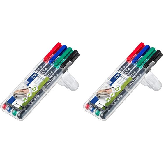 Staedtler permanenter Universalstift Lumocolor, wisch- und wasserfest, sekundenschnell trocken, nachfüllbar, F-Spitze - Linienbreite 0,6 mm, 4 Marker in sortierten Farben, 318 WP4 (Packung mit 2)