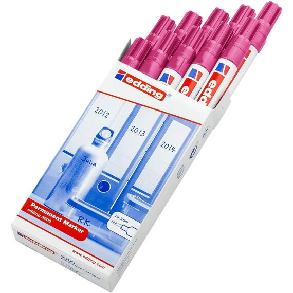 edding 3000 Permanentmarker - pink - 10 Stifte - Rund-Spitze 1,5-3 mm - schnell trocknender Permanent Marker - wasserfest, wischfest - für Karton, Kunststoff, Holz, Metall - Universalmarker
