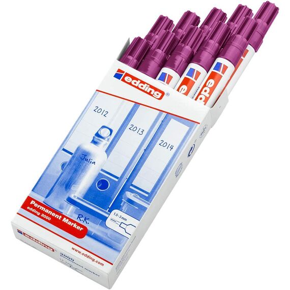 edding 3000 Permanentmarker - rotviolett (lila) - 10 Stifte - Rund-Spitze 1,5-3 mm - schnell trocknender Permanent Marker - wasserfest wischfest - für Karton Kunststoff Holz Metall - Universalmarker