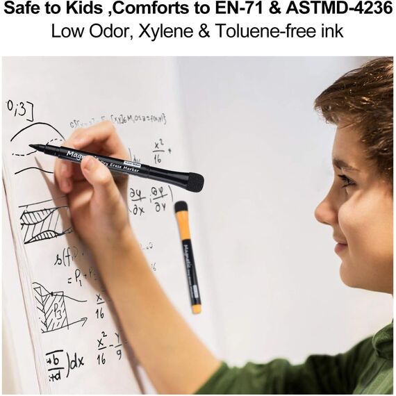 Willingood Whiteboard Marker, 16 Stück Magnetisch Whiteboard Stifte mit Schwamm, Geruchsarmer Trocken Abwischbar Folienstift mit Radiergummi für Zuhause Schule Büro, 8 Farben Rundspitze 1-2mm