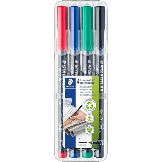 Staedtler permanenter Universalstift Lumocolor, wisch- und wasserfest, sekundenschnell trocken, nachfüllbar, F-Spitze - Linienbreite 0,6 mm, 4 Marker in sortierten Farben, 318 WP4 (Packung mit 2)