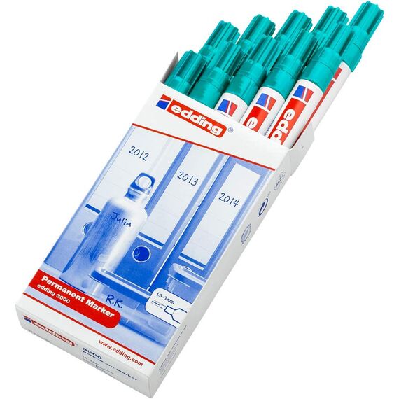 edding 3000 Permanentmarker - türkis (blau) - 10 Stifte - Rund-Spitze 1,5-3 mm - schnell trocknender Permanent Marker - wasserfest, wischfest - für Karton, Kunststoff, Holz, Metall - Universalmarker
