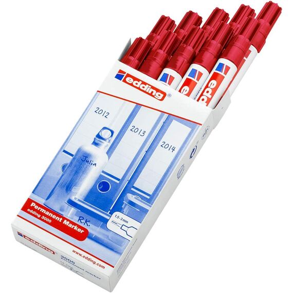 edding 3000 Permanentmarker - rot - 10 Stifte - Rund-Spitze 1,5-3 mm - schnell trocknender Permanent Marker - wasserfest, wischfest - für Karton, Kunststoff, Holz, Metall - Universalmarker