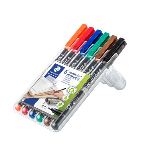 STAEDTLER permanenter Universalstift Lumocolor, wisch- und wasserfest, sekundenschnell trocken, nachfüllbar, F-Spitze - Linienbreite 0,6 mm, 6 Marker in sortierten Farben, 318 WP6