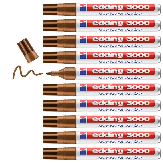 edding 3000 Permanentmarker - ocker- 10 Stifte - Rund-Spitze 1,5-3 mm - schnell trocknender Permanent Marker - wasserfest, wischfest - für Karton, Kunststoff, Holz, Metall - Universalmarker