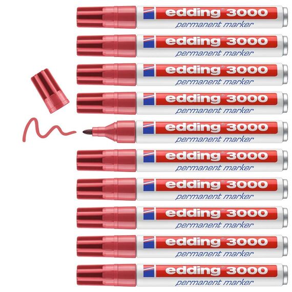 edding 3000 Permanentmarker - karmin-rot - 10 Stifte - Rund-Spitze 1,5-3 mm - schnell trocknender Permanent Marker - wasserfest, wischfest - für Karton, Kunststoff, Holz, Metall - Universalmarker