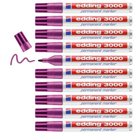 edding 3000 Permanentmarker - rotviolett (lila) - 10 Stifte - Rund-Spitze 1,5-3 mm - schnell trocknender Permanent Marker - wasserfest wischfest - für Karton Kunststoff Holz Metall - Universalmarker
