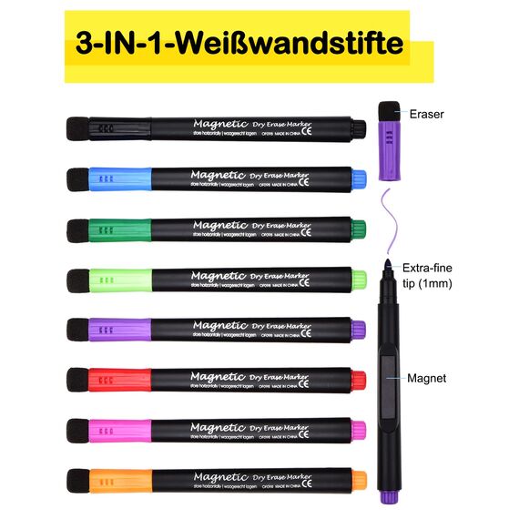 Willingood Folienstift abwischbar, 8 stück Whiteboard Marker, trocken abwischbar Whiteboard Stifte, Whiteboard Marker magnetisch, Marker mit Schwamm Rundspitze, Erase Marker mit Radiergummi