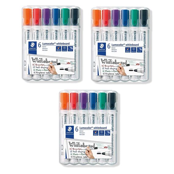 Staedtler Lumocolor 351 WP6 Whiteboard-Marker, Rundspitze ca. 2 mm Linienbreite, Set mit 6 Farben (3 Etui)