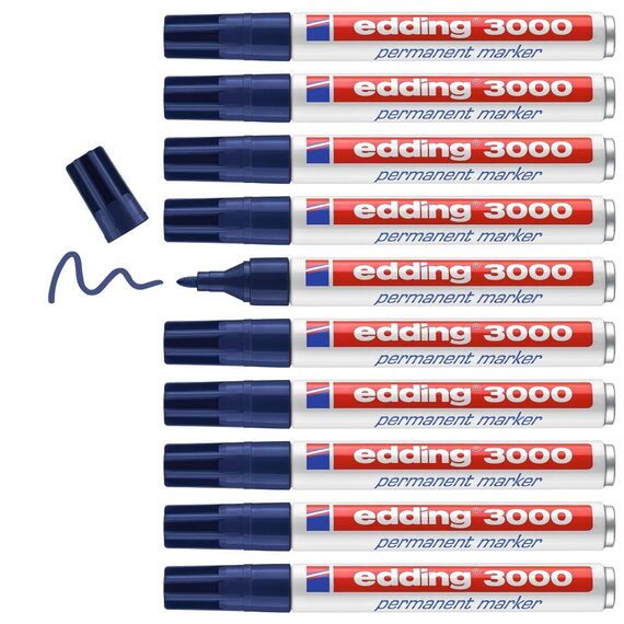 edding 3000 Permanentmarker - stahl-blau - 10 Stifte - Rund-Spitze 1,5-3 mm - schnell trocknender Permanent Marker - wasserfest, wischfest - für Karton, Kunststoff, Holz, Metall - Universalmarker