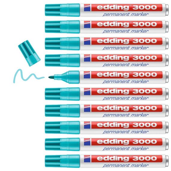 edding 3000 Permanentmarker - türkis (blau) - 10 Stifte - Rund-Spitze 1,5-3 mm - schnell trocknender Permanent Marker - wasserfest, wischfest - für Karton, Kunststoff, Holz, Metall - Universalmarker