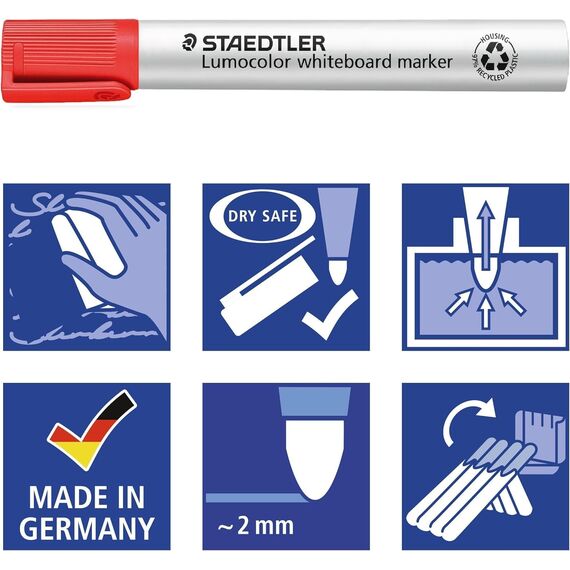 STAEDTLER Lumocolor 351 WP6 Whiteboard-Marker, Rundspitze ca. 2 mm Linienbreite, Set mit 6 Farben (6 stück (1er Pack))