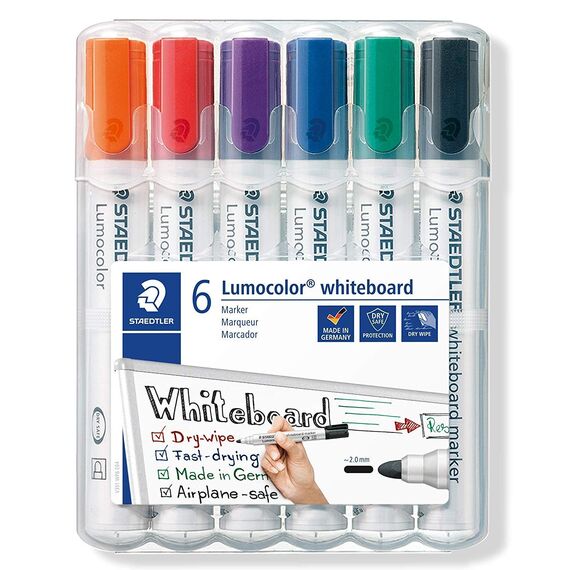 Staedtler Lumocolor 351 WP6 Whiteboard-Marker, Rundspitze ca. 2 mm Linienbreite, Set mit 6 Farben (5 Etui)