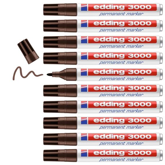 edding 3000 Permanentmarker - dunkel-braun - 10 Stifte - Rund-Spitze 1,5-3 mm - schnell trocknender Permanent Marker - wasserfest, wischfest - für Karton, Kunststoff, Holz, Metall - Universalmarker