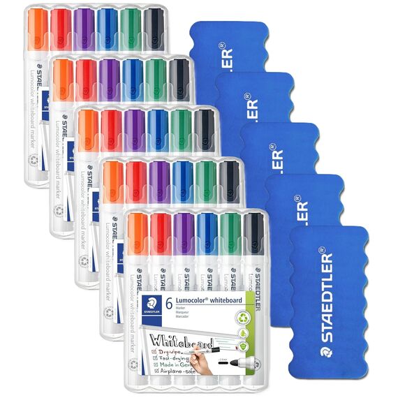 STAEDTLER Lumocolor 351 WP6 Whiteboard-Marker, Rundspitze ca. 2 mm Linienbreite, Set mit 6 Farben (5 Stück)
