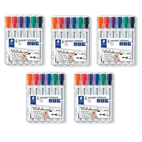 Staedtler Lumocolor 351 WP6 Whiteboard-Marker, Rundspitze ca. 2 mm Linienbreite, Set mit 6 Farben (5 Etui)