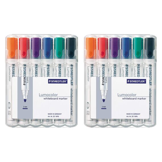 Staedtler Lumocolor 351 WP6 Whiteboard-Marker, Rundspitze ca. 2 mm Linienbreite, Set mit 6 Farben (2 Etui)