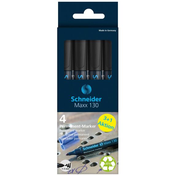 Schneider Maxx 130 Permanent-Marker mit Rundspitze (Strichstärke: 1-3 mm, nachfüllbar) 4er Packung schwarz