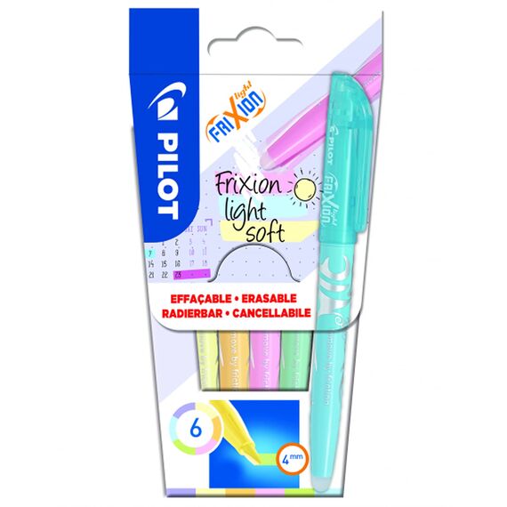 PILOT - 6er-Set FriXion Light Soft - Radierbarer Textmarker - Pastellfarben: Pastellpink, Gelb, Violett, Blau, Orange, Grün - Keilspitze für feine oder breitere Linien