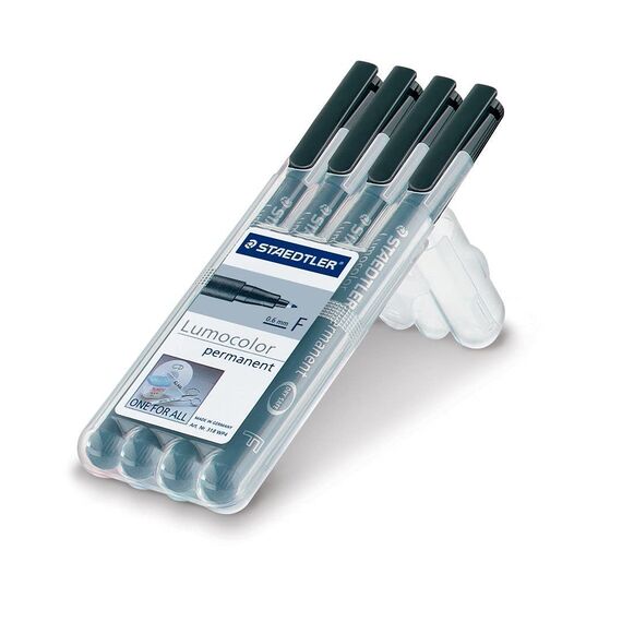 STAEDTLER permanenter Universalstift Lumocolor, wisch- und wasserfest, sekundenschnell trocken, nachfüllbar, Linienbreite 0,6 mm, 4 schwarze Marker in stabiler STAEDTLER Box, 318-9WP4HZ