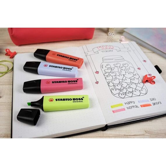 STABILO - Textmarker - BOSS ORIGINAL Pastel - 4er Pack - Korallrot, Kirschblütenrosa, Wolkenblau, Prise von Limette