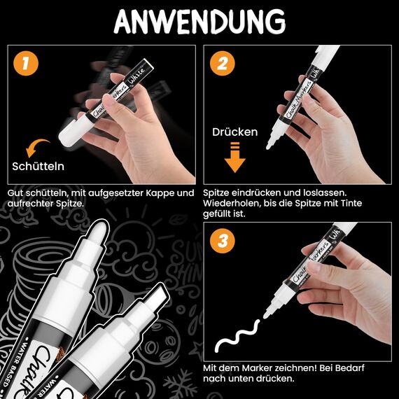 Maqhpu Weiß Kreidestifte für Tafel Abwaschbar, 6 Stück Kreidestifte und 45pcs Kreidetafel Labels, Fensterstifte Whiteboard Marker Kreidemarker Tafelstifte für Glas & Gewürzgläser (1mm, 3mm, 6mm)