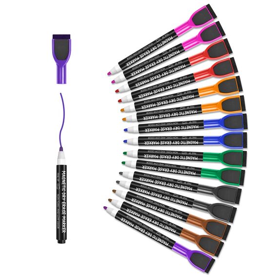 maxtek Magnetische Whiteboard Marker, 8 Farben Stifte abwischbar mit Radiergummi, Feinspitze 1–2 mm Linienbreite, Folienstifte für Zuhause, Schule & Büro (16 Stück)
