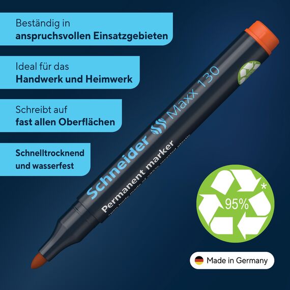 Schneider Maxx 130 Permanent-Marker mit Rundspitze (Strichstärke: 1-3 mm, nachfüllbar) 10er Packung orange
