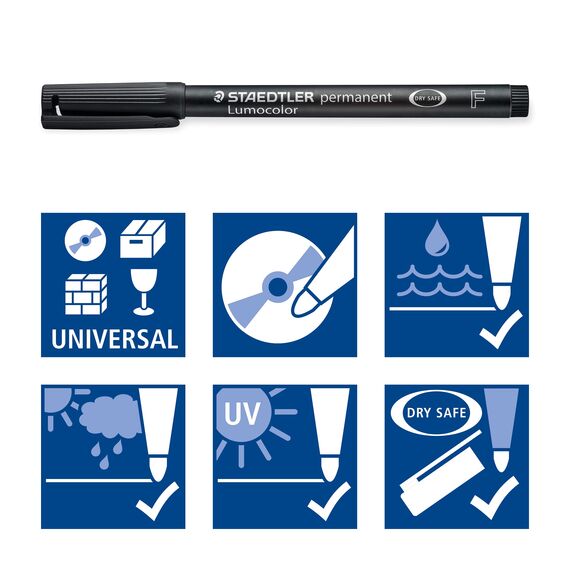 STAEDTLER permanenter Universalstift Lumocolor, wisch- und wasserfest, sekundenschnell trocken, nachfüllbar, Linienbreite 0,6 mm, 4 schwarze Marker in stabiler STAEDTLER Box, 318-9WP4HZ