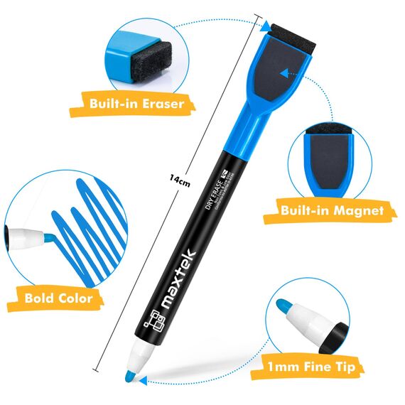 maxtek Whiteboard Stifte, Magnetische, Trocken Abwischbare Marker, Whiteboard Marker mit Feiner Spitze, Folienstift Abwischbar Geruchsarmer Erase Marker mit Radiergummi (12 Farben, 24 Stück)