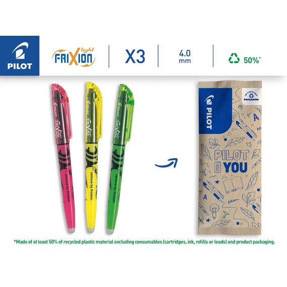PILOT - 3er-Set FriXion Light - Radierbarer Textmarker - Neongelb, Neonpink, Grün - Keilspitze für feine oder breitere Linien
