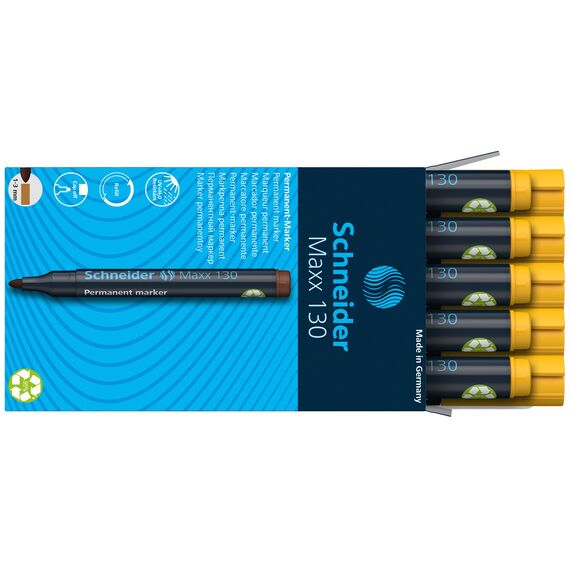 Schneider Maxx 130 Permanent-Marker mit Rundspitze (Strichstärke: 1-3 mm, nachfüllbar) 10er Packung gelb